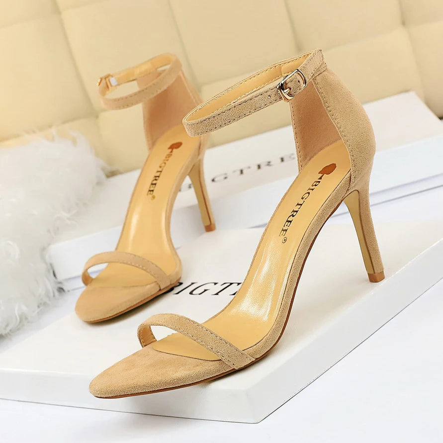 Women 10cm High Heels Flock Stripper Sandals Female Fetish Strappy Red Shoes Lady Valentine Green Summer Classic Sexy Pumps