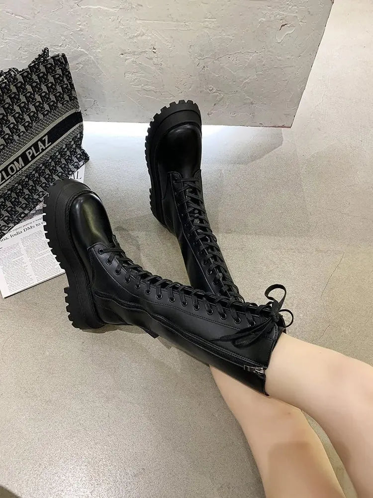 Women Motorcycle Boots Wedges Flat Shoes Woman High Heel Platform PU Leather Boots Lace Up Women Shoes Black Boots Girls2021