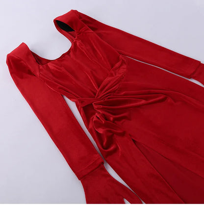 GACVGA Elegant Long Dress Evening Party Gown Outfits Women Gloves Sleeve Red Velvet Sexy Slit Maxi Dresses Bridesmaid Vestidos