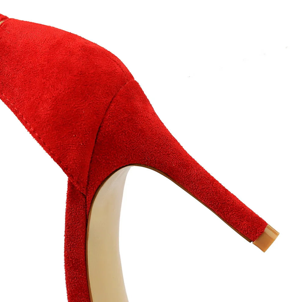 Women 10cm High Heels Flock Stripper Sandals Female Fetish Strappy Red Shoes Lady Valentine Green Summer Classic Sexy Pumps
