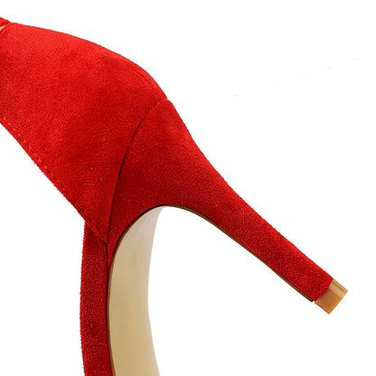 Women 10cm High Heels Flock Stripper Sandals Female Fetish Strappy Red Shoes Lady Valentine Green Summer Classic Sexy Pumps