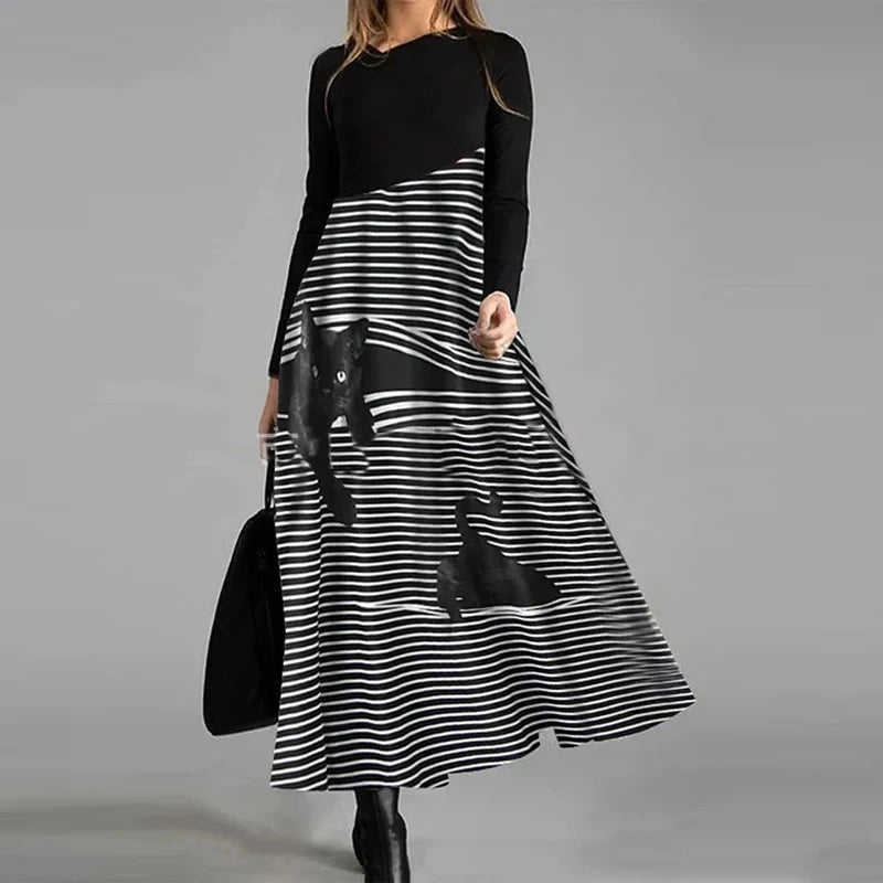 Vintage Women Long Dress V-Neck A-Line Dress 2024 Autumn Elegant Long Sleeves Slim Party Dresses Ladies Casual Loose Vestidos