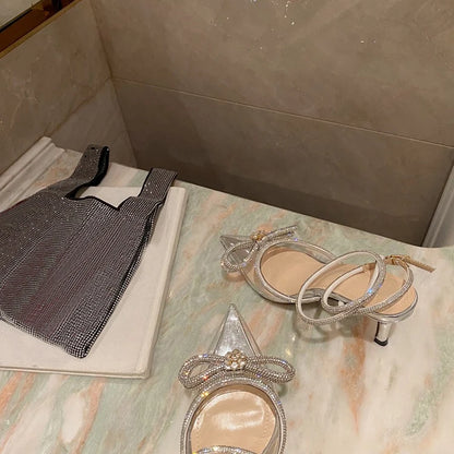 Eilyken Style Glitter Rhinestones Silk Transparent Pumps Women Crystal Bowknot Satin High Heels Party Prom Stripper Shoes