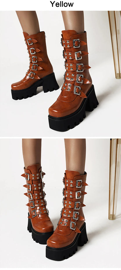 Gdgydh Autumn Winter Gothic Punk Womens Platform Boots Black Blet Buckle Strap Creepers Platform Shoes With Zipper Military Boot