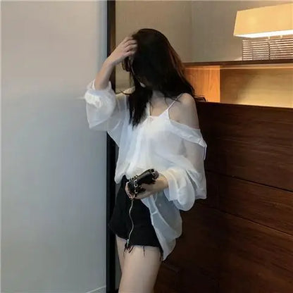 Blouse Women Women's Clothing Summer Sexy Chiffon Perspective Shirt Coat Female Blusas Ropa De Mujer