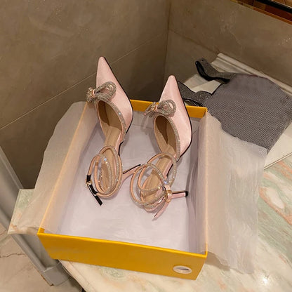 Eilyken Style Glitter Rhinestones Silk Transparent Pumps Women Crystal Bowknot Satin High Heels Party Prom Stripper Shoes