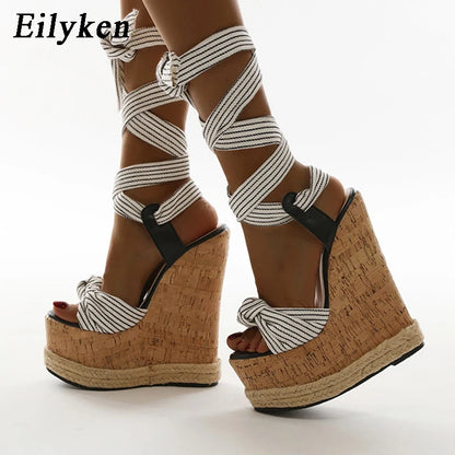 Eilyken Summer Solid White Platform Wedges Sandals Women Fashion High Heels Ankle Strap Ladies Open Toe Shoes