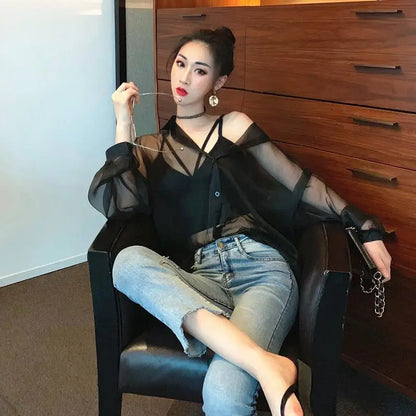 Blouse Women Women's Clothing Summer Sexy Chiffon Perspective Shirt Coat Female Blusas Ropa De Mujer