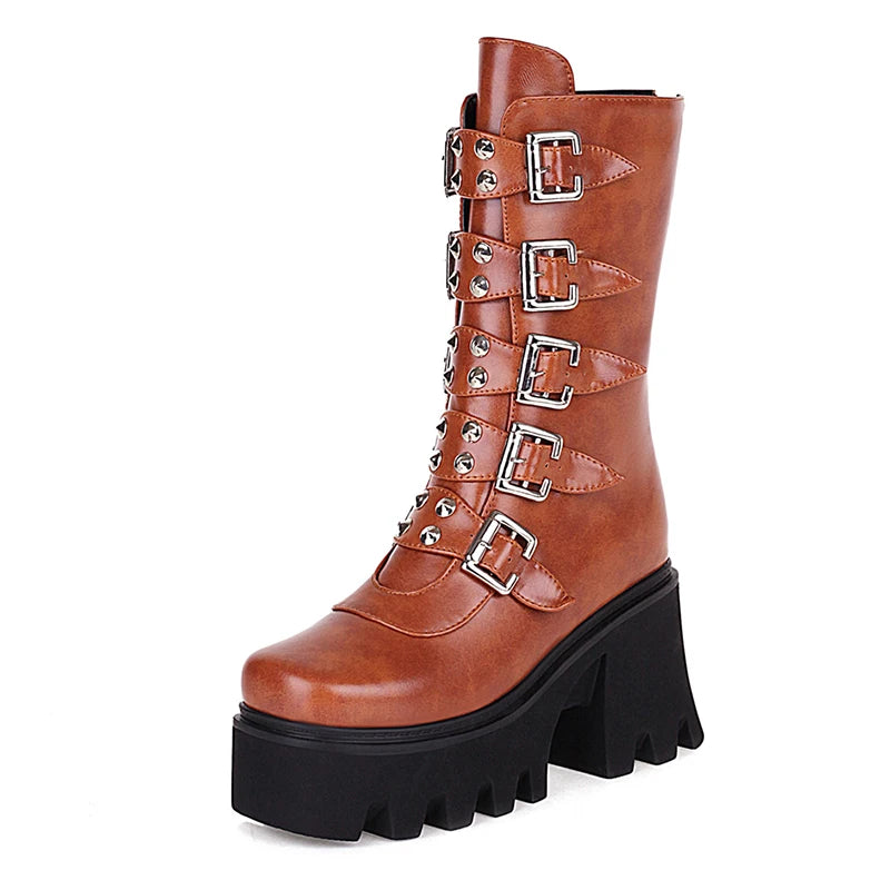 Gdgydh Autumn Winter Gothic Punk Womens Platform Boots Black Blet Buckle Strap Creepers Platform Shoes With Zipper Military Boot