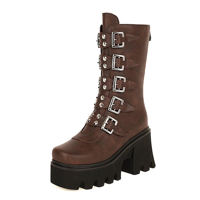 Gdgydh Autumn Winter Gothic Punk Womens Platform Boots Black Blet Buckle Strap Creepers Platform Shoes With Zipper Military Boot