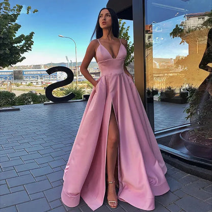 Robe de soiree V Neck Satin Evening Dress Spaghetti Strap Side Slit Prom Dress High Waist Evening Gowns Party Dress Customized