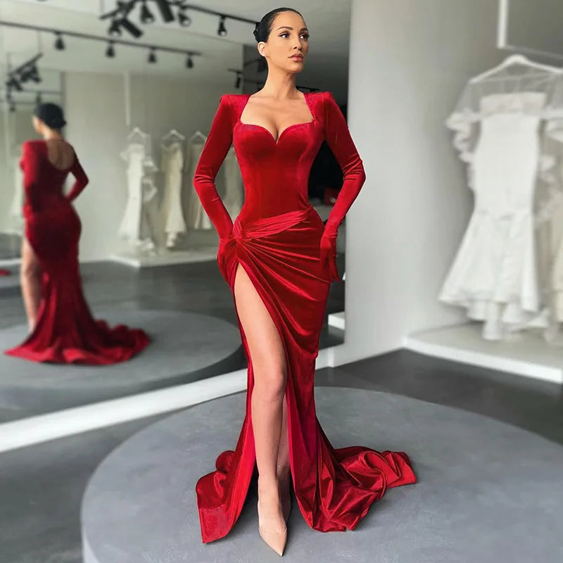 GACVGA Elegant Long Dress Evening Party Gown Outfits Women Gloves Sleeve Red Velvet Sexy Slit Maxi Dresses Bridesmaid Vestidos