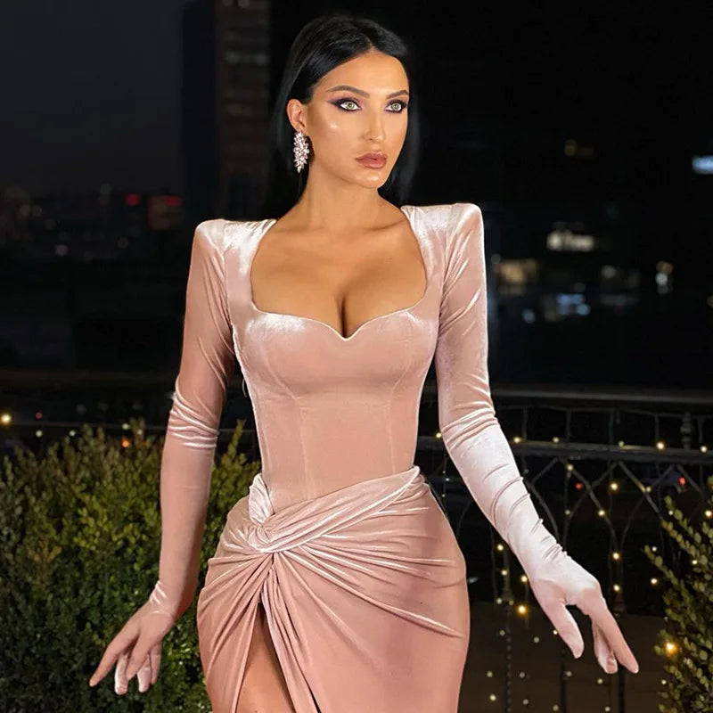 GACVGA Elegant Long Dress Evening Party Gown Outfits Women Gloves Sleeve Red Velvet Sexy Slit Maxi Dresses Bridesmaid Vestidos
