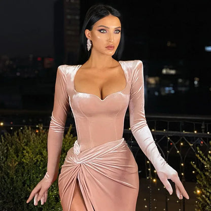GACVGA Elegant Long Dress Evening Party Gown Outfits Women Gloves Sleeve Red Velvet Sexy Slit Maxi Dresses Bridesmaid Vestidos