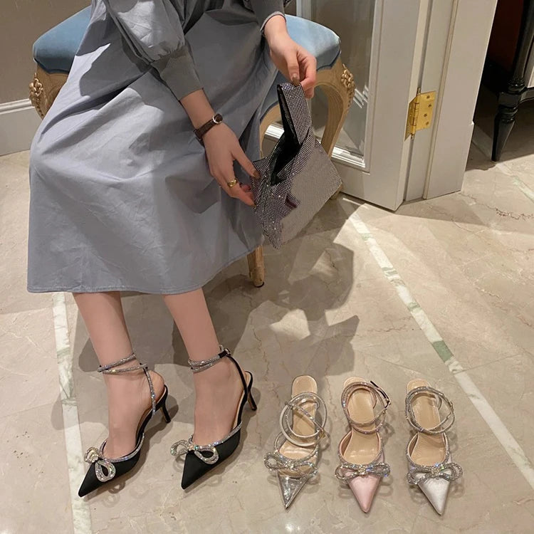 Eilyken Style Glitter Rhinestones Silk Transparent Pumps Women Crystal Bowknot Satin High Heels Party Prom Stripper Shoes