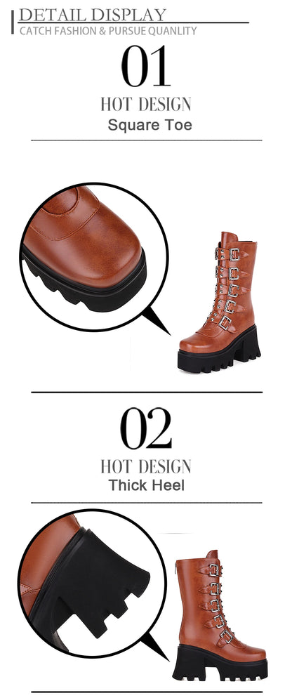Gdgydh Autumn Winter Gothic Punk Womens Platform Boots Black Blet Buckle Strap Creepers Platform Shoes With Zipper Military Boot