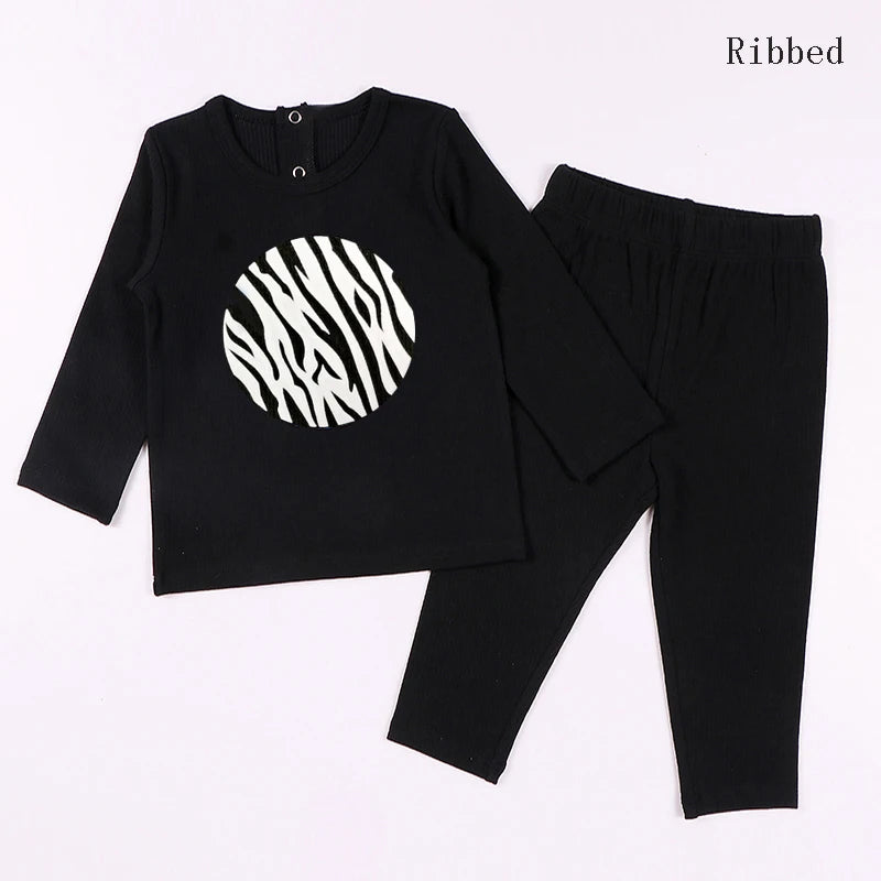Children Clothes 2pcs Set Ribbed Kids Clothes baby Boys Clothes Girls Clothes Round Neck Long Sleeves Top Long Pants baby Set