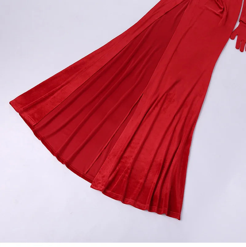 GACVGA Elegant Long Dress Evening Party Gown Outfits Women Gloves Sleeve Red Velvet Sexy Slit Maxi Dresses Bridesmaid Vestidos