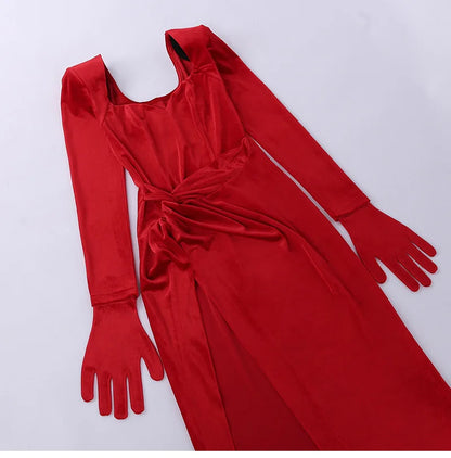 GACVGA Elegant Long Dress Evening Party Gown Outfits Women Gloves Sleeve Red Velvet Sexy Slit Maxi Dresses Bridesmaid Vestidos