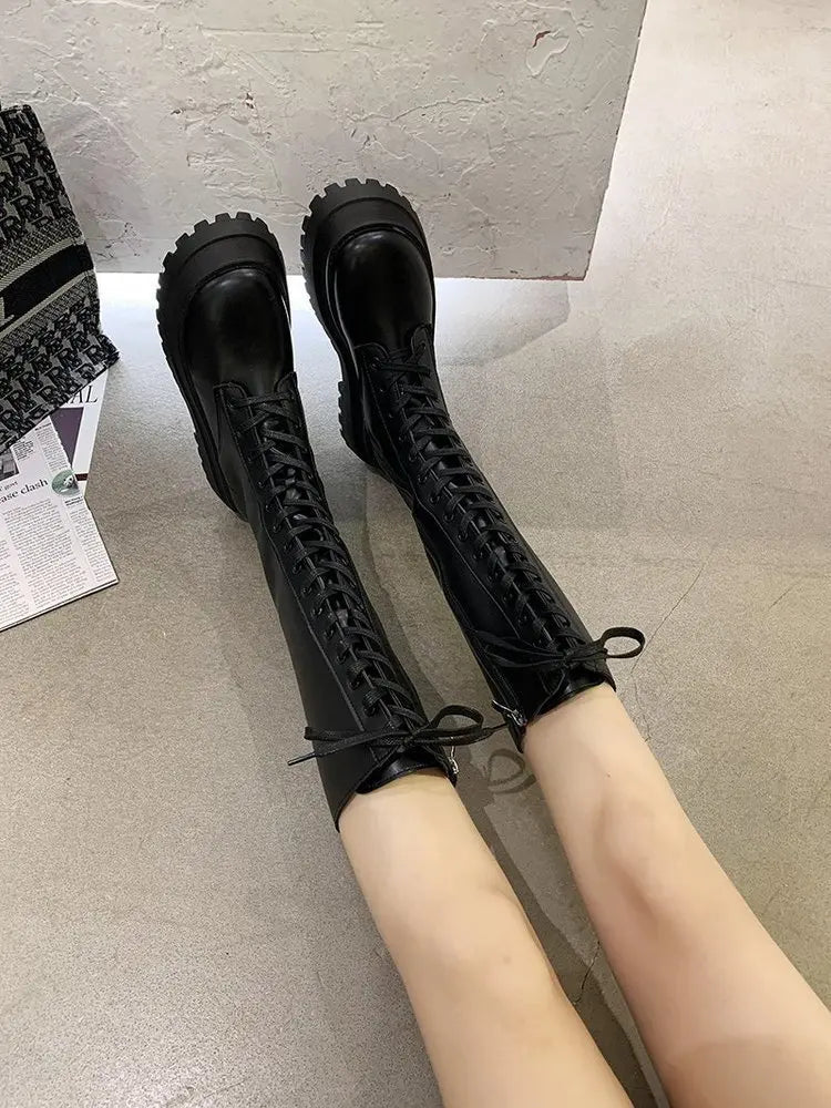 Women Motorcycle Boots Wedges Flat Shoes Woman High Heel Platform PU Leather Boots Lace Up Women Shoes Black Boots Girls2021