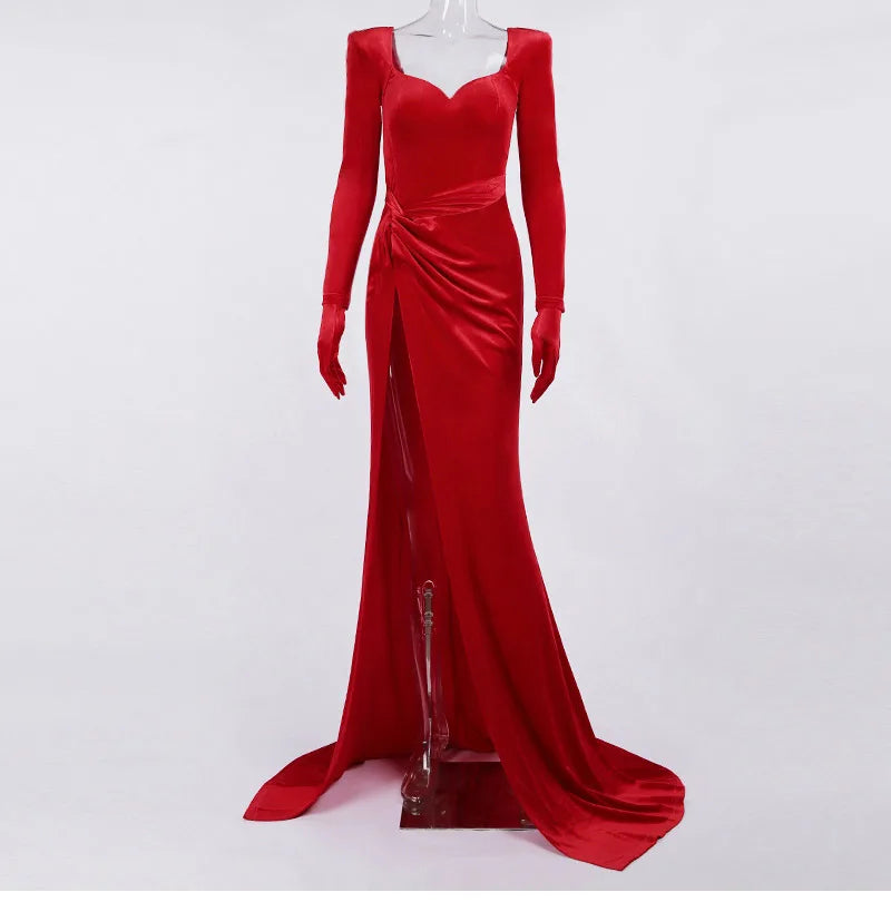 GACVGA Elegant Long Dress Evening Party Gown Outfits Women Gloves Sleeve Red Velvet Sexy Slit Maxi Dresses Bridesmaid Vestidos