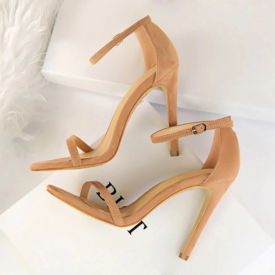Women 10cm High Heels Flock Stripper Sandals Female Fetish Strappy Red Shoes Lady Valentine Green Summer Classic Sexy Pumps