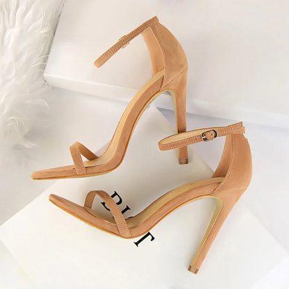Women 10cm High Heels Flock Stripper Sandals Female Fetish Strappy Red Shoes Lady Valentine Green Summer Classic Sexy Pumps