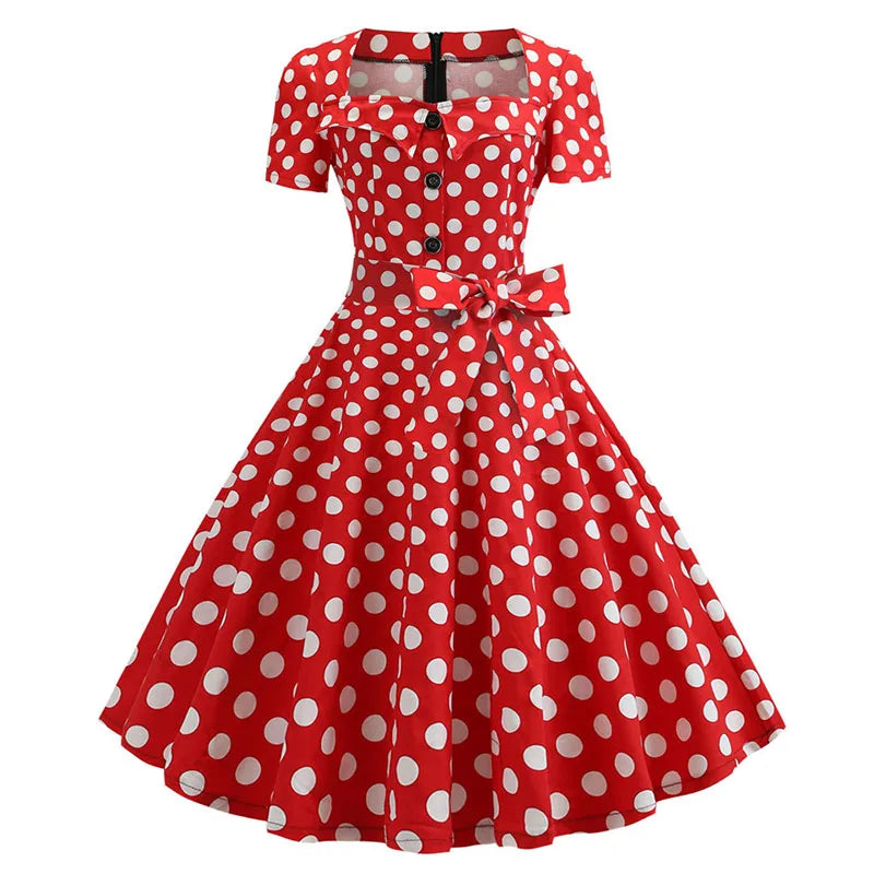 Women Vintage Dress Summer 50s 60s Retro Swing Rockabilly Vestidos Elegant Black Polka Dot Office Party Dress