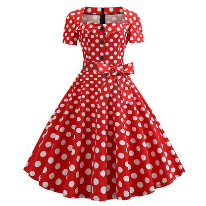 Women Vintage Dress Summer 50s 60s Retro Swing Rockabilly Vestidos Elegant Black Polka Dot Office Party Dress