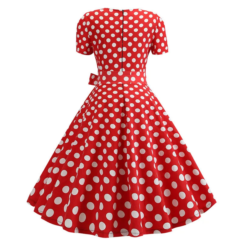 Women Vintage Dress Summer 50s 60s Retro Swing Rockabilly Vestidos Elegant Black Polka Dot Office Party Dress