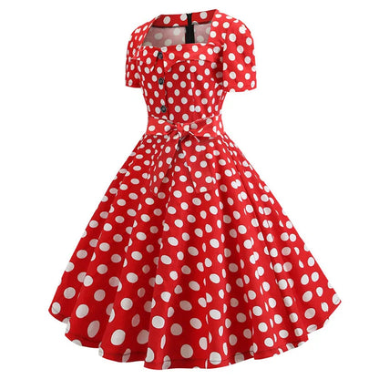 Women Vintage Dress Summer 50s 60s Retro Swing Rockabilly Vestidos Elegant Black Polka Dot Office Party Dress