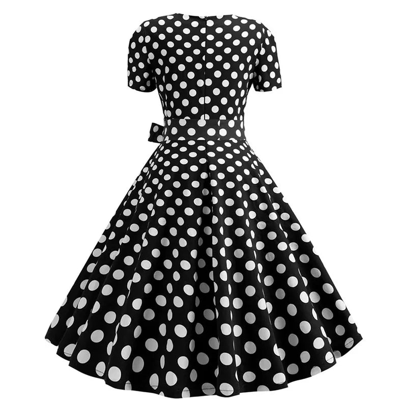 Women Vintage Dress Summer 50s 60s Retro Swing Rockabilly Vestidos Elegant Black Polka Dot Office Party Dress