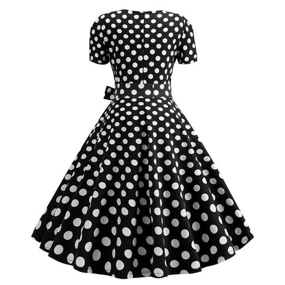 Women Vintage Dress Summer 50s 60s Retro Swing Rockabilly Vestidos Elegant Black Polka Dot Office Party Dress