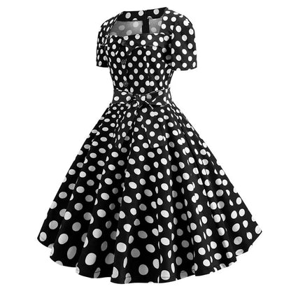 Women Vintage Dress Summer 50s 60s Retro Swing Rockabilly Vestidos Elegant Black Polka Dot Office Party Dress