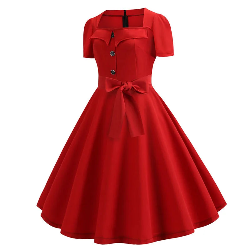 Women Vintage Dress Summer 50s 60s Retro Swing Rockabilly Vestidos Elegant Black Polka Dot Office Party Dress