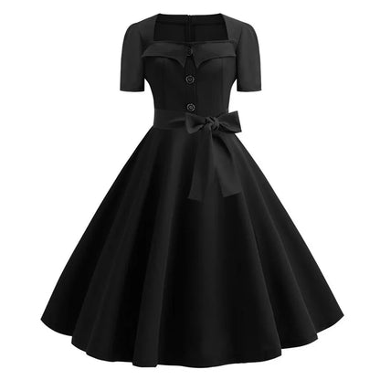 Women Vintage Dress Summer 50s 60s Retro Swing Rockabilly Vestidos Elegant Black Polka Dot Office Party Dress