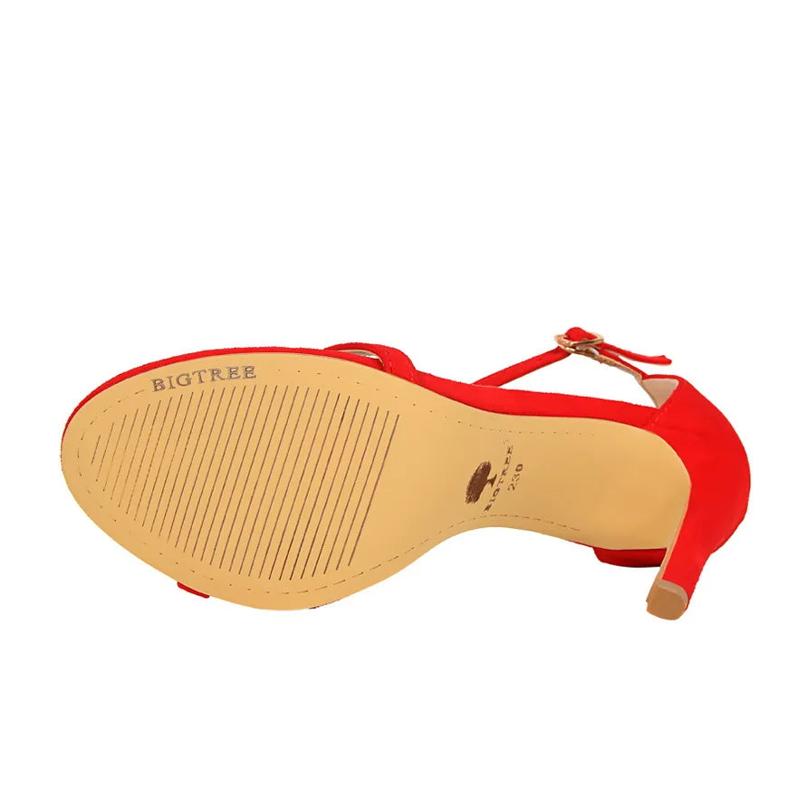 Women 10cm High Heels Flock Stripper Sandals Female Fetish Strappy Red Shoes Lady Valentine Green Summer Classic Sexy Pumps