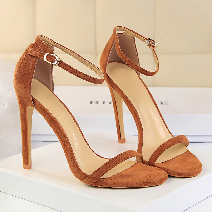 Women 10cm High Heels Flock Stripper Sandals Female Fetish Strappy Red Shoes Lady Valentine Green Summer Classic Sexy Pumps