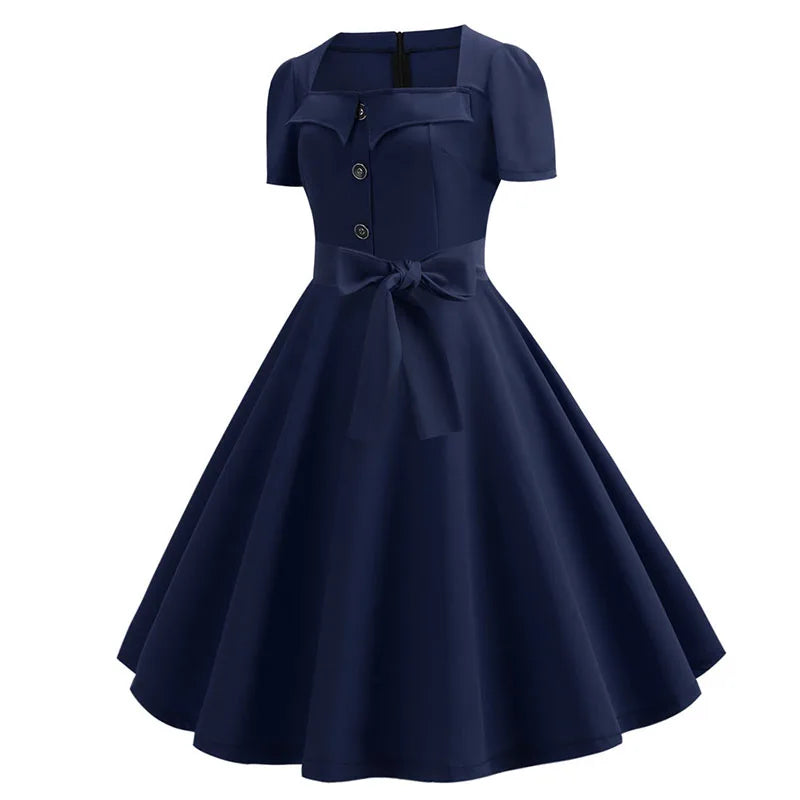 Women Vintage Dress Summer 50s 60s Retro Swing Rockabilly Vestidos Elegant Black Polka Dot Office Party Dress