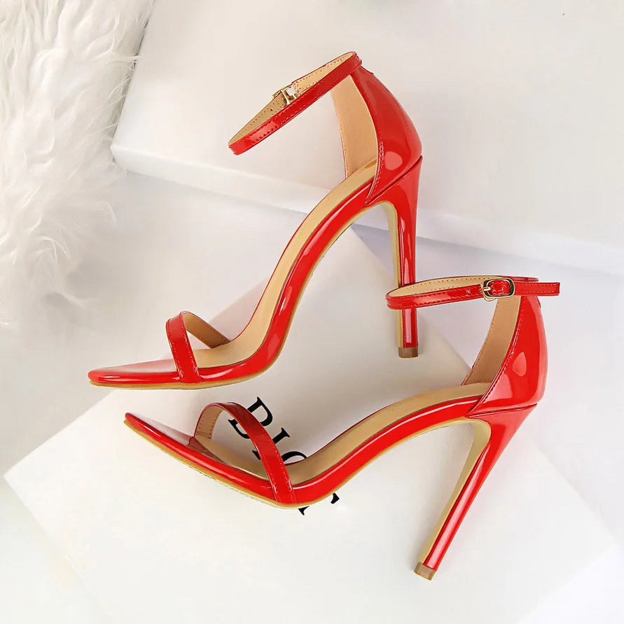 Women 10cm High Heels Flock Stripper Sandals Female Fetish Strappy Red Shoes Lady Valentine Green Summer Classic Sexy Pumps