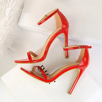 Women 10cm High Heels Flock Stripper Sandals Female Fetish Strappy Red Shoes Lady Valentine Green Summer Classic Sexy Pumps