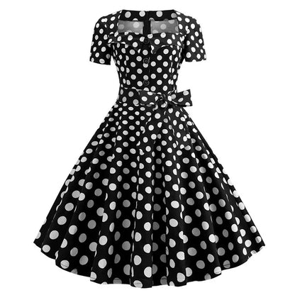 Women Vintage Dress Summer 50s 60s Retro Swing Rockabilly Vestidos Elegant Black Polka Dot Office Party Dress