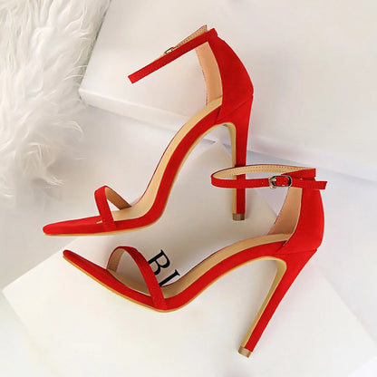 Women 10cm High Heels Flock Stripper Sandals Female Fetish Strappy Red Shoes Lady Valentine Green Summer Classic Sexy Pumps