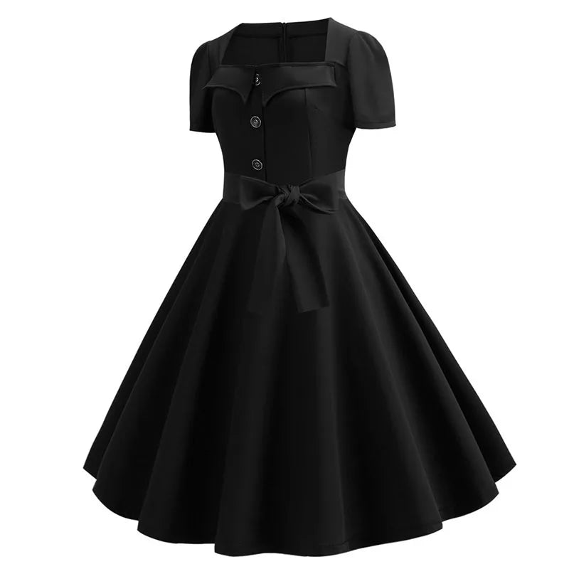 Women Vintage Dress Summer 50s 60s Retro Swing Rockabilly Vestidos Elegant Black Polka Dot Office Party Dress
