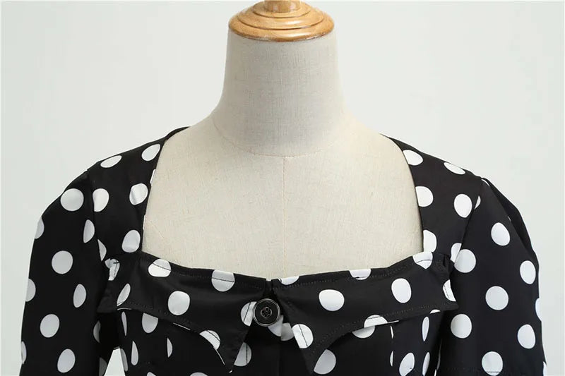 Women Vintage Dress Summer 50s 60s Retro Swing Rockabilly Vestidos Elegant Black Polka Dot Office Party Dress