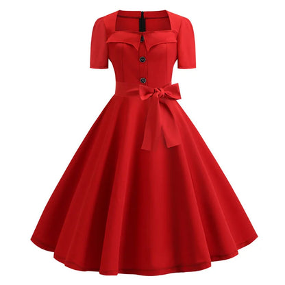 Women Vintage Dress Summer 50s 60s Retro Swing Rockabilly Vestidos Elegant Black Polka Dot Office Party Dress