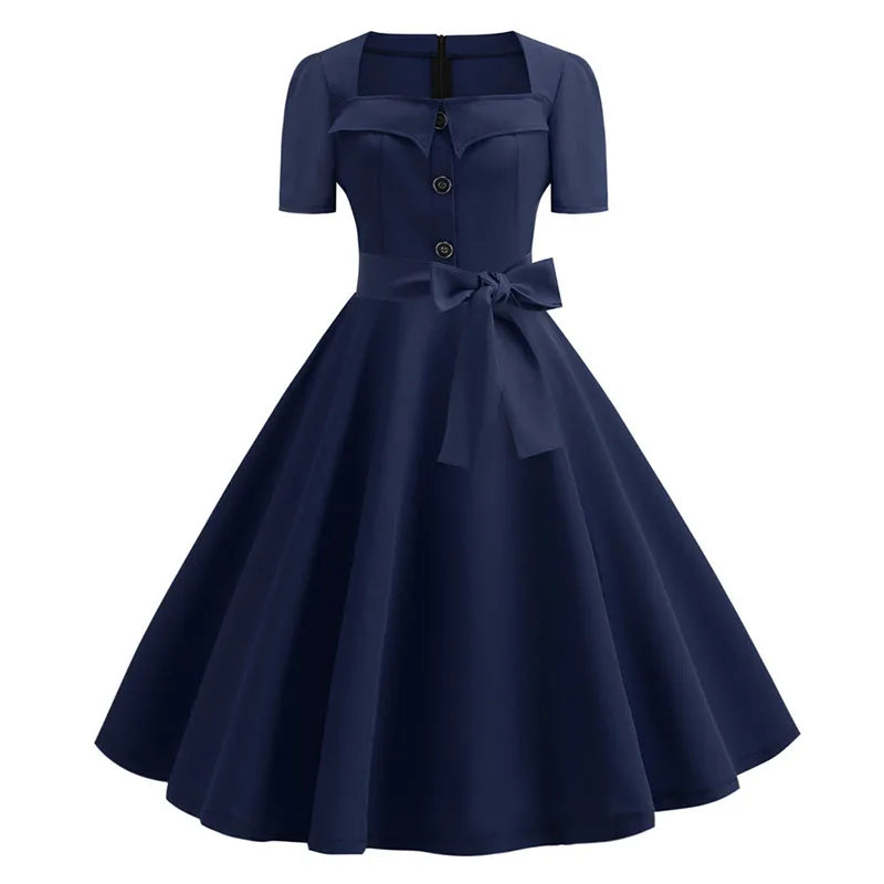 Women Vintage Dress Summer 50s 60s Retro Swing Rockabilly Vestidos Elegant Black Polka Dot Office Party Dress