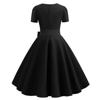 Women Vintage Dress Summer 50s 60s Retro Swing Rockabilly Vestidos Elegant Black Polka Dot Office Party Dress