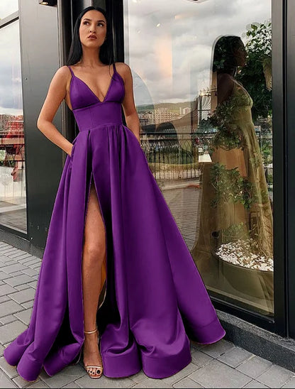 Robe de soiree V Neck Satin Evening Dress Spaghetti Strap Side Slit Prom Dress High Waist Evening Gowns Party Dress Customized