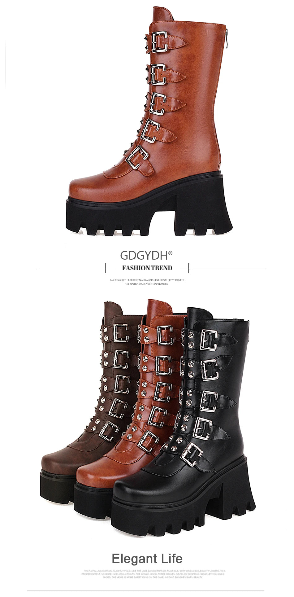 Gdgydh Autumn Winter Gothic Punk Womens Platform Boots Black Blet Buckle Strap Creepers Platform Shoes With Zipper Military Boot